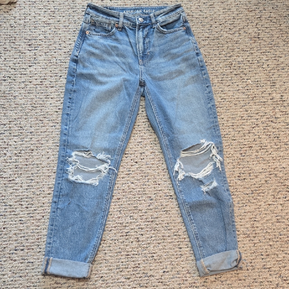 American Eagle Outfitters Women's Light Blue Ripped Boyfriend Jeans